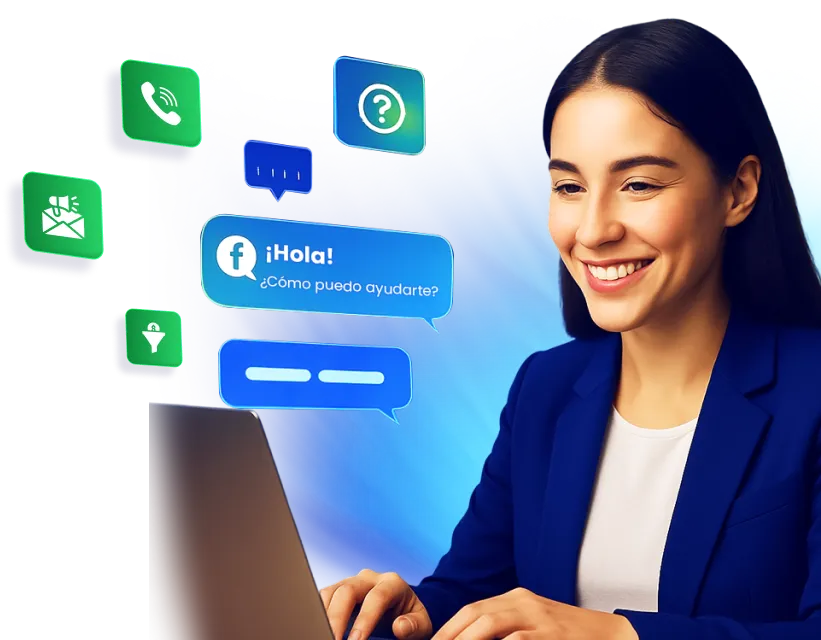 Asesora de whapi.chat atendiendo consultas por chat y redes